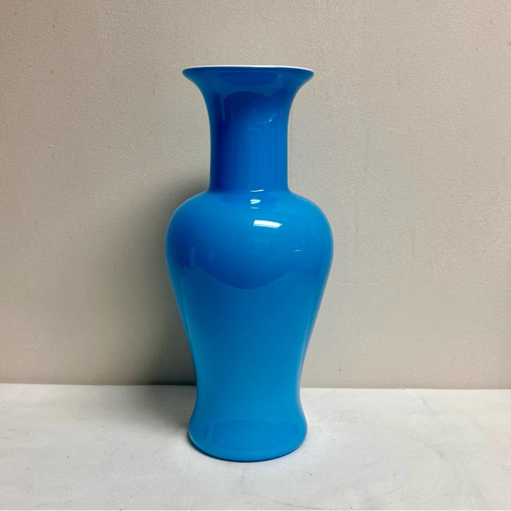Mid-Century Cased Turquoise Blue Opaline Ginger Jar Blown Glass Tall Vase 14”H